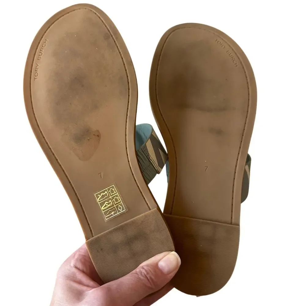 Tory‎ Burch Mini Everly Geometric Blue Grey Sandals Double T 7